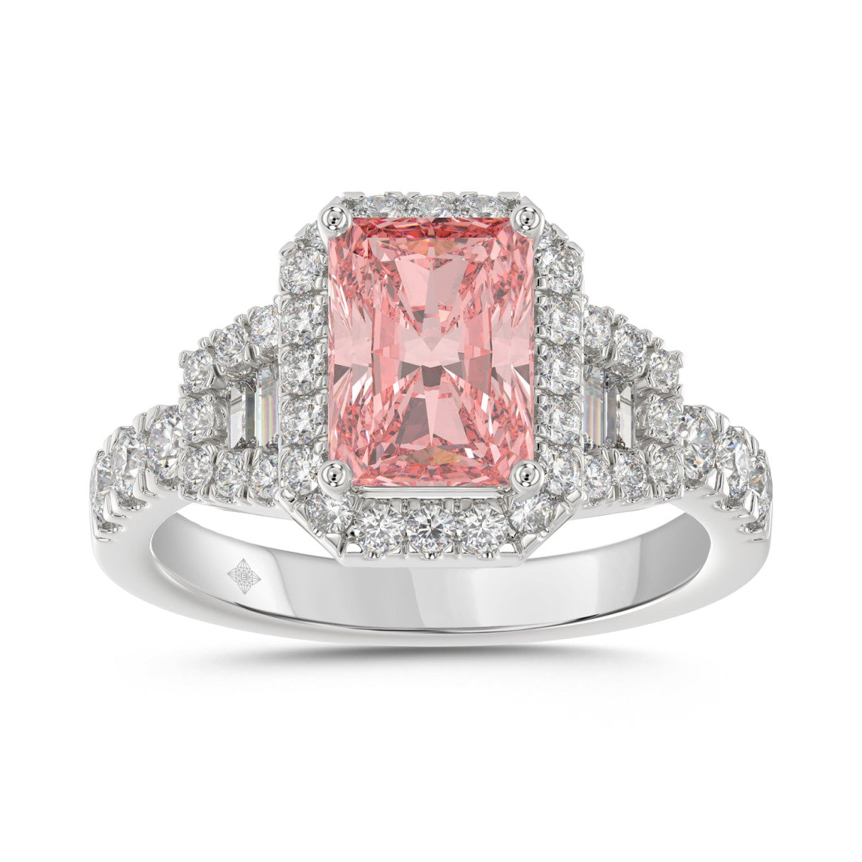 14K WHITE GOLD 2 3/4CT ROUND/BAGUETTE/RADIANT DIAMOND LADIES  RING (CENTER STONE PINK RADIANT DIAMOND 2.00CT)
