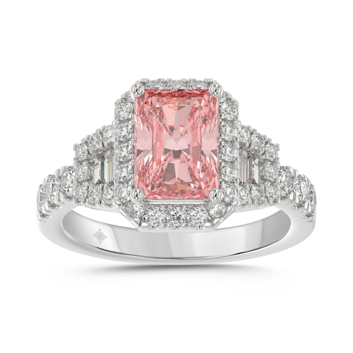 14K WHITE GOLD 2 3/4CT ROUND/BAGUETTE/RADIANT DIAMOND LADIES  RING (CENTER STONE PINK RADIANT DIAMOND 2.00CT)