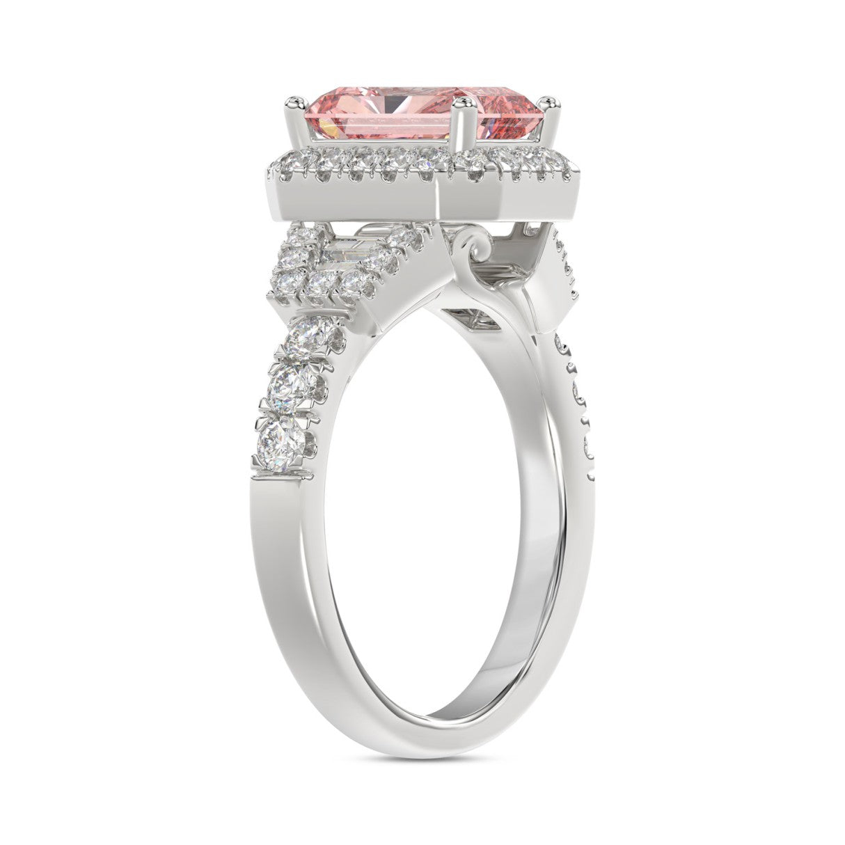 14K WHITE GOLD 2 3/4CT ROUND/BAGUETTE/RADIANT DIAMOND LADIES  RING (CENTER STONE PINK RADIANT DIAMOND 2.00CT)