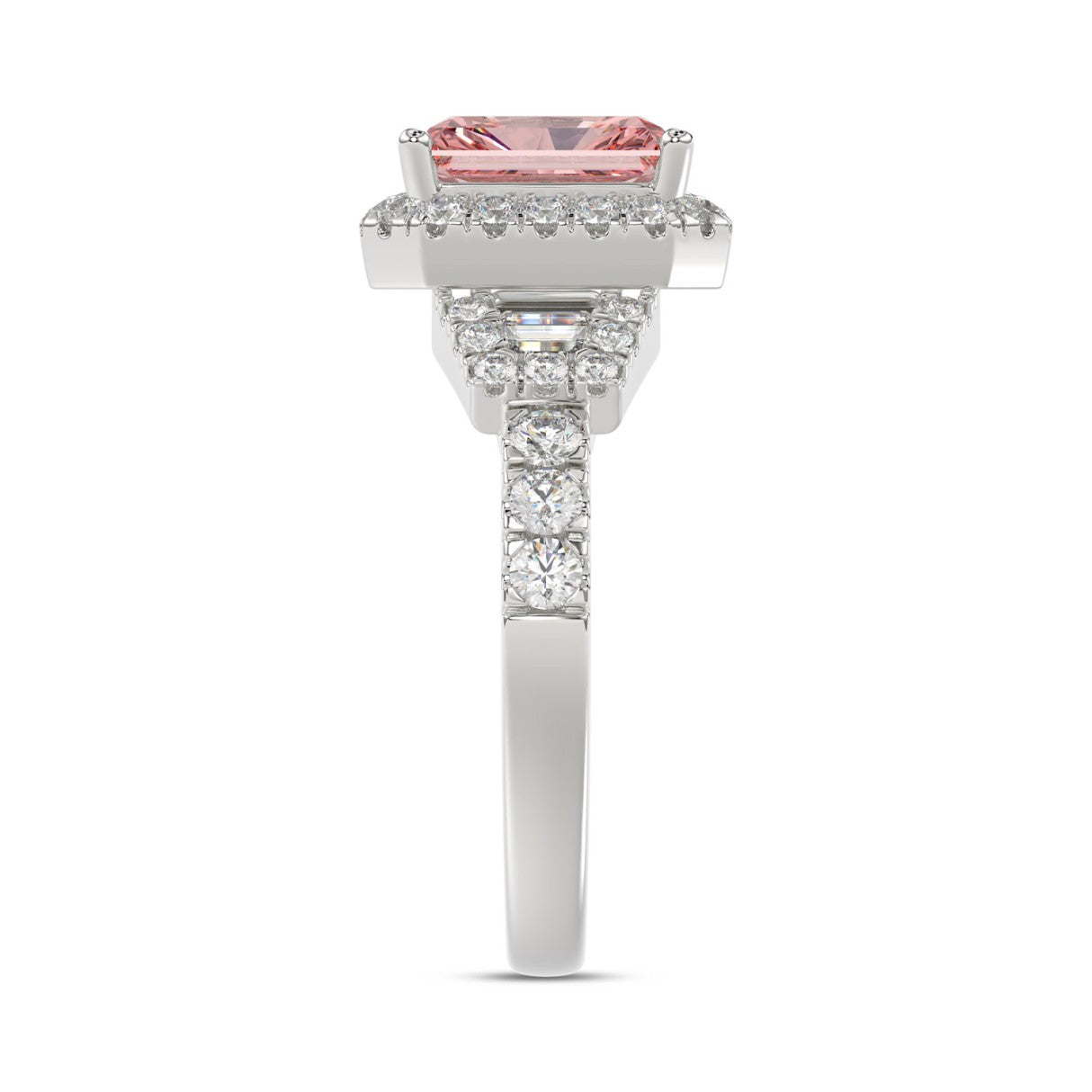 14K WHITE GOLD 2 3/4CT ROUND/BAGUETTE/RADIANT DIAMOND LADIES  RING (CENTER STONE PINK RADIANT DIAMOND 2.00CT)