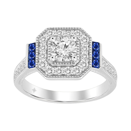 LADIES RING 1CT ROUND/PRINCESS BLUE SAPPHIRE DIAMOND 14K WHITE GOLD (CENTER STONE ROUND DIAMOND 1/6CT )