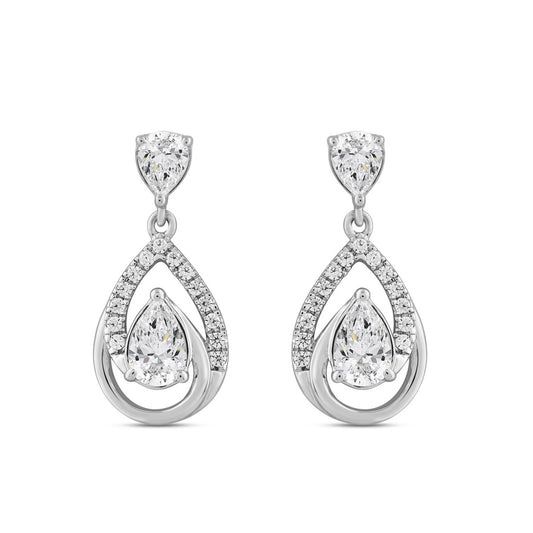 LADIES EARRINGS 1 1/2CT ROUND/PEAR DIAMOND 14K WHITE GOLD