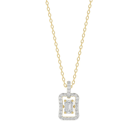 LADIES DANCING DIAMOND PENDANT WITH CHAIN 3/4CT ROUND/EMERALD DIAMOND 14K YELLOW GOLD (CENTER STONE EMERALD DIAMOND 1/2CT)