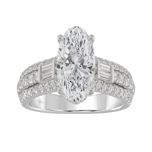 Classic 14K White Gold Ladies Diamond Ring  4.00CT Round Oval & Baguette Diamonds with 3.00CT  Oval  Center stone (Color F-G -Clarity VS1/VS2)