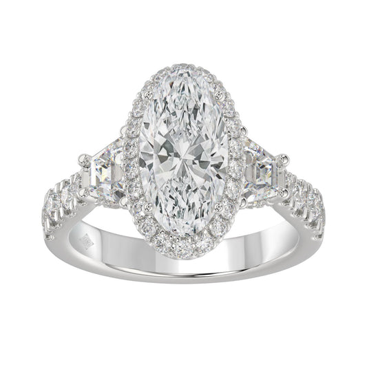 14K White Gold Halo Engagement Ring with Side Stones, 3 1/4CT Round, Baguette,Trapezoid Diamond & 2.00CT Oval Center stone (Color F-G -Clarity VS1/VS2)