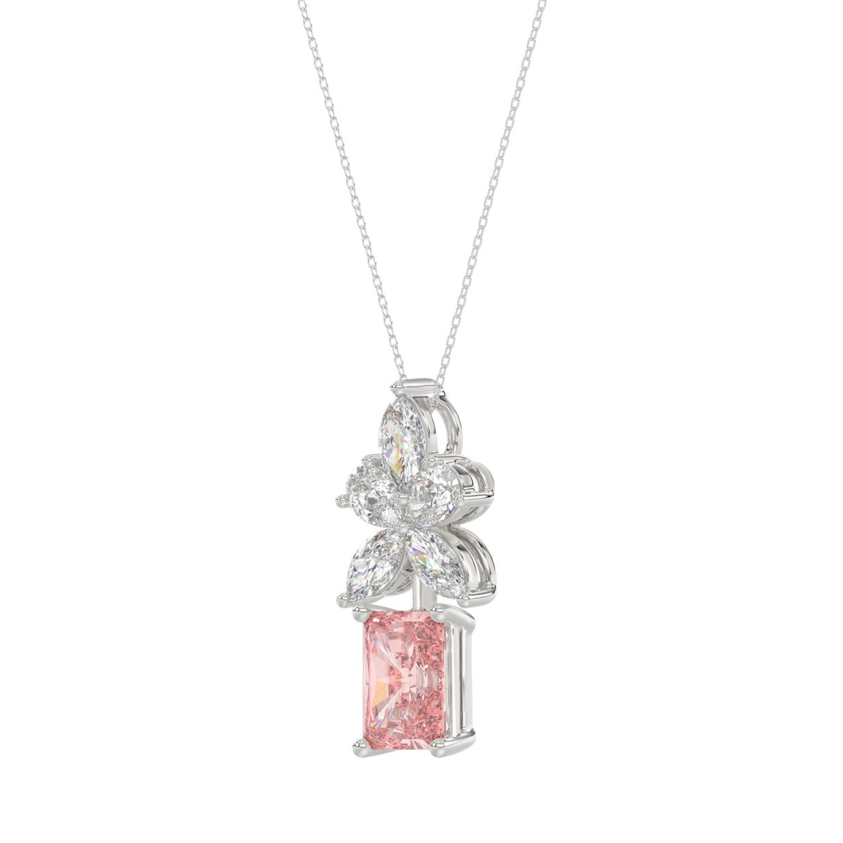 14K WHITE GOLD 2 1/4CT PEAR/MARQUISE/PINK RADIANT DIAMOND LADIES PENDANT WITH CHAIN (CENTER STONE RADIANT DIAMOND 1 1/2CT)