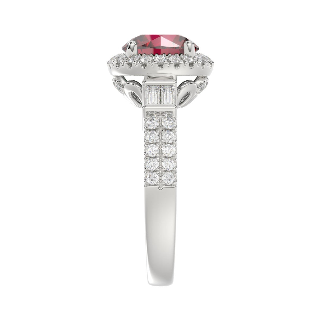 14K WHITE GOLD 2 1/2CT ROUND/BAGUETTE DIAMOND LADIES RING (CENTER STONE ROUND RUBY DIAMOND 2CT)