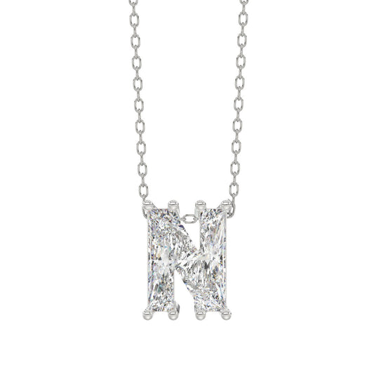 14K White Gold Diamond Initial “N” Pendant 1 1/2CT Fancy Cut Ladies Alphabet Charm with Chain