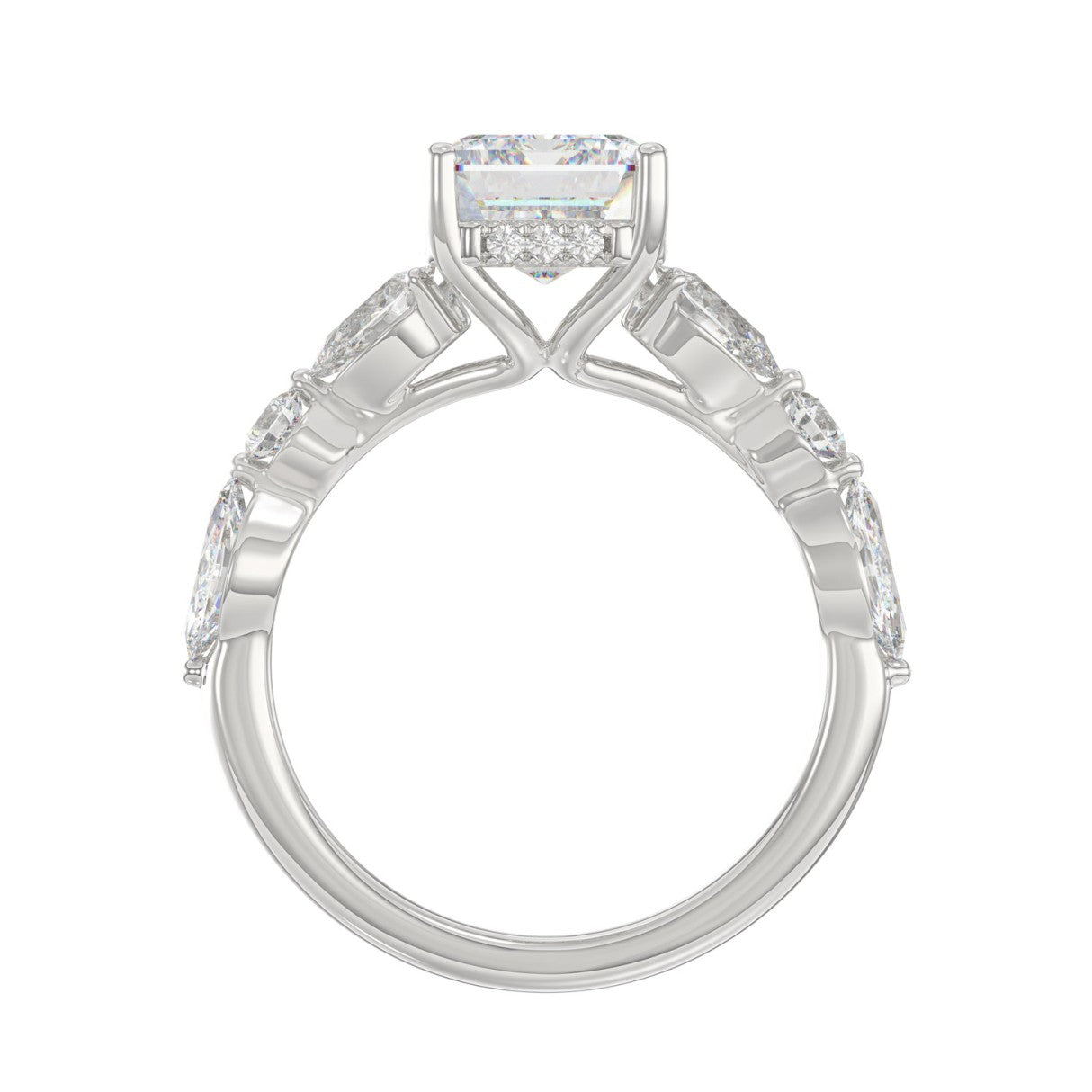 14K White Gold Emerald Cut Diamond Classic Bridal Ring for Ladies 4.00CT with Pear Round &amp; Marquise Diamond 3.00CT Emerald Center stone (Color F-G -Clarity VS1/VS2)