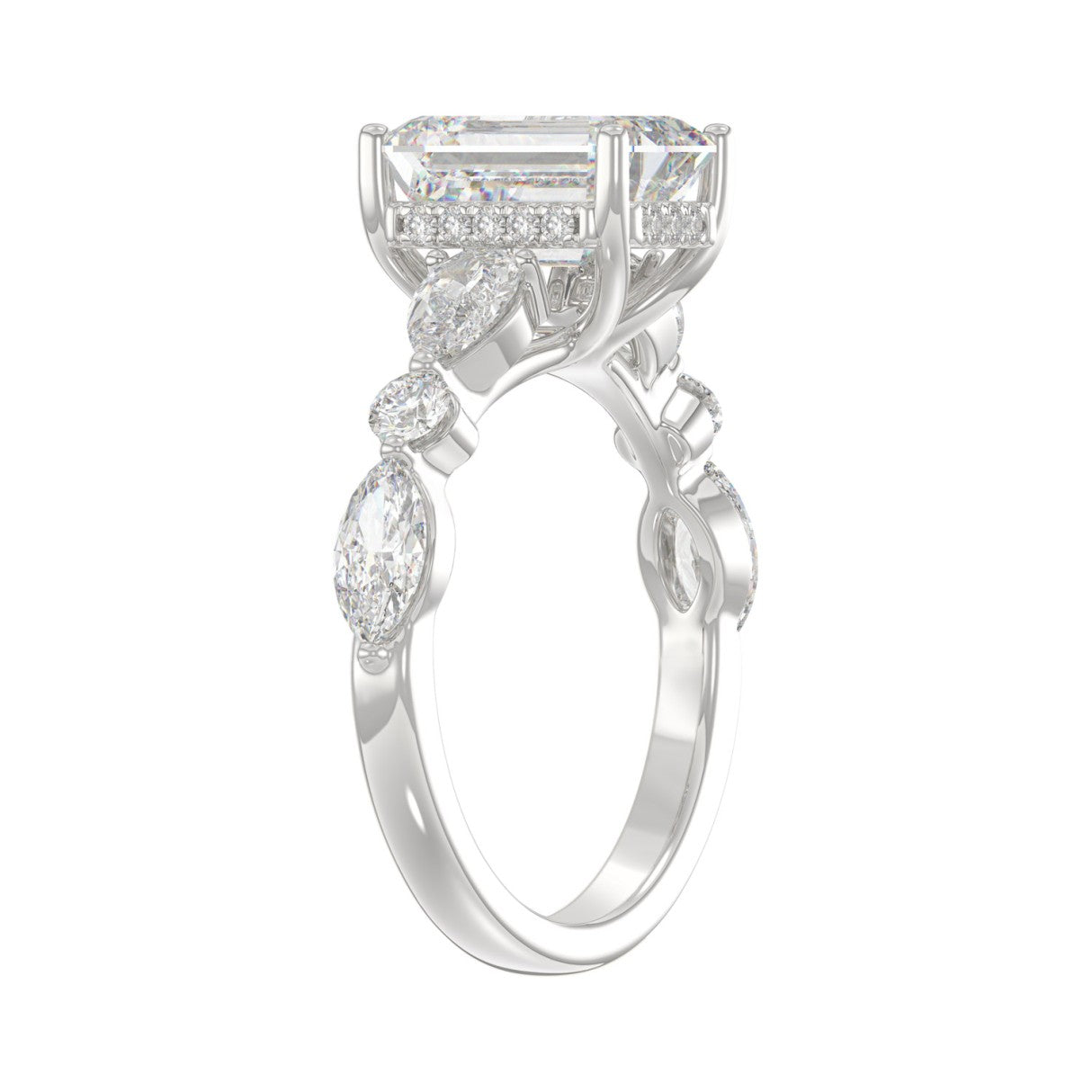 14K White Gold Emerald Cut Diamond Classic Bridal Ring for Ladies 4.00CT with Pear Round &amp; Marquise Diamond 3.00CT Emerald Center stone (Color F-G -Clarity VS1/VS2)
