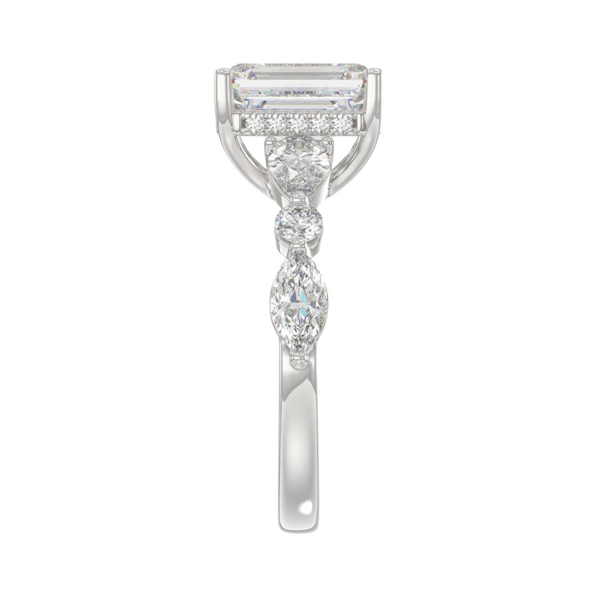 14K White Gold Emerald Cut Diamond Classic Bridal Ring for Ladies 4.00CT with Pear Round &amp; Marquise Diamond 3.00CT Emerald Center stone (Color F-G -Clarity VS1/VS2)