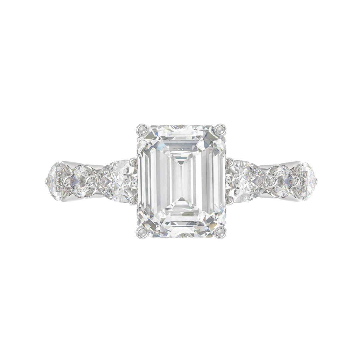14K White Gold Emerald Cut Diamond Classic Bridal Ring for Ladies 4.00CT with Pear Round &amp; Marquise Diamond 3.00CT Emerald Center stone (Color F-G -Clarity VS1/VS2)