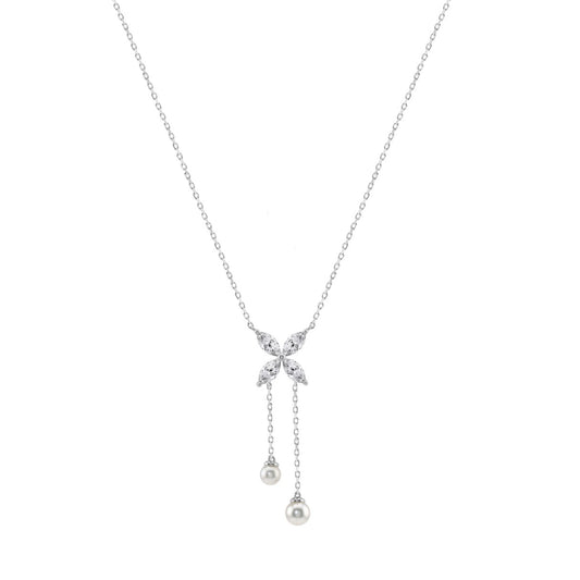 Elegant 10K White Gold Marquise Diamond 3/4Ct & Pearl Butterfly Drop Necklace Fine Jewelry Gift For Her (Color F-G Clarity Vs1/Vs2)