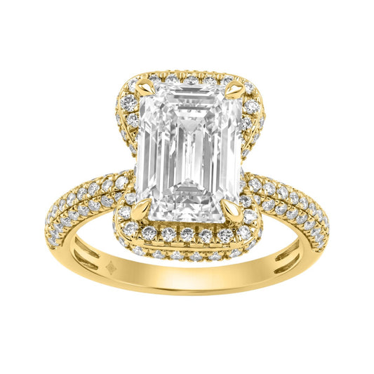 14K Yellow Gold 4 1/2Ct Ladies Emerald Cut  Hidden Halo Engagement Ring 4Ct Emerald Center Stone &amp; Round Diamond (Color F-G -Clarity Vs1/Vs2)