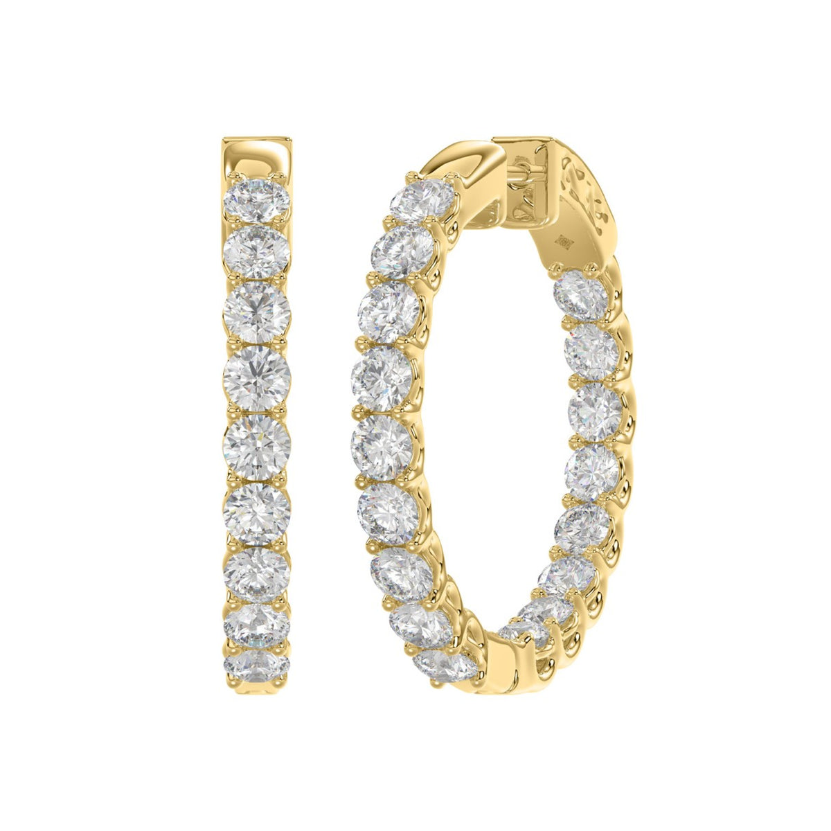 LADIES HOOP EARRINGS 3CT ROUND DIAMOND 14K YELLOW GOLD